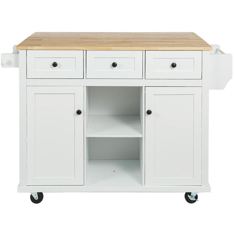 White kitchen cart with wood top, three drawers, two doors, and open central shelf