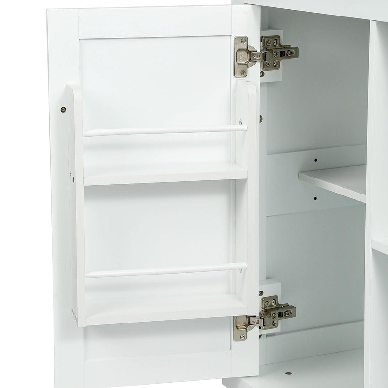 White cabinet with doors open to reveal shelves; metal hinges and black knobs