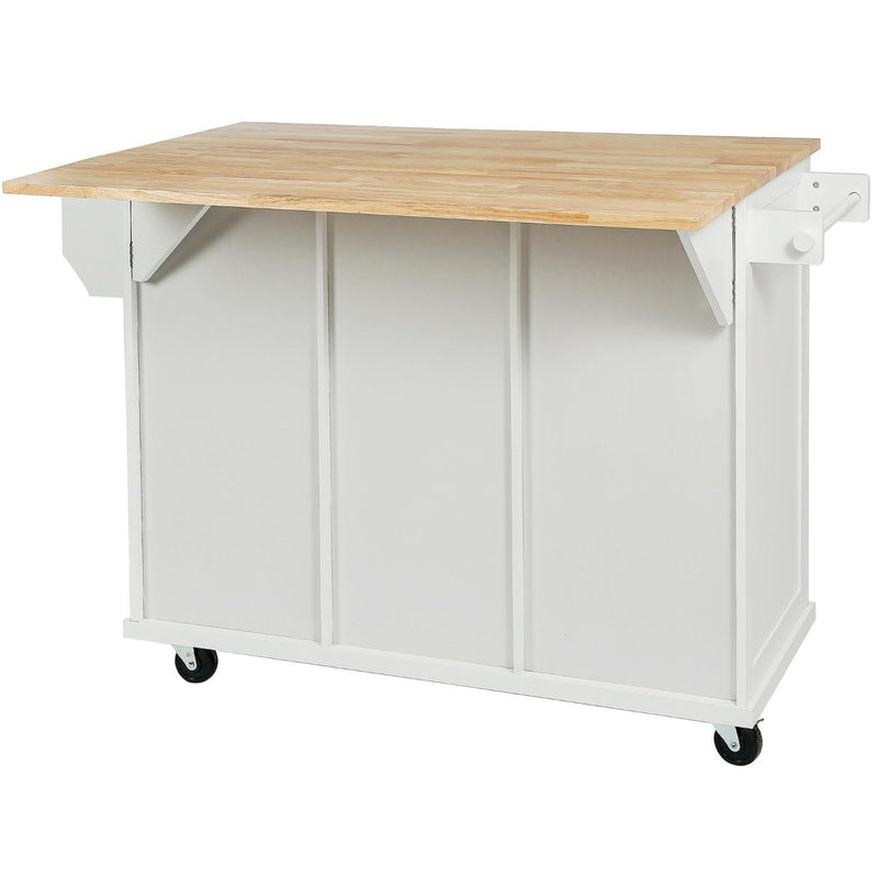 White kitchen cart with light wood top, cabinet doors, and four caster wheels