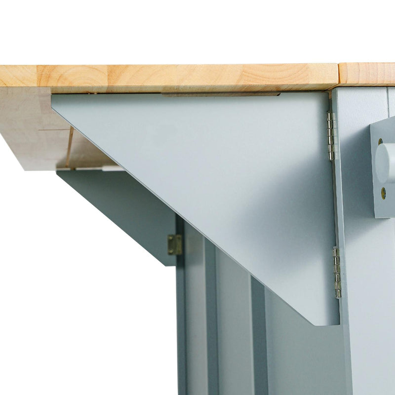 Kitchen cart with side door and metal hinge hardware, light wood top edge