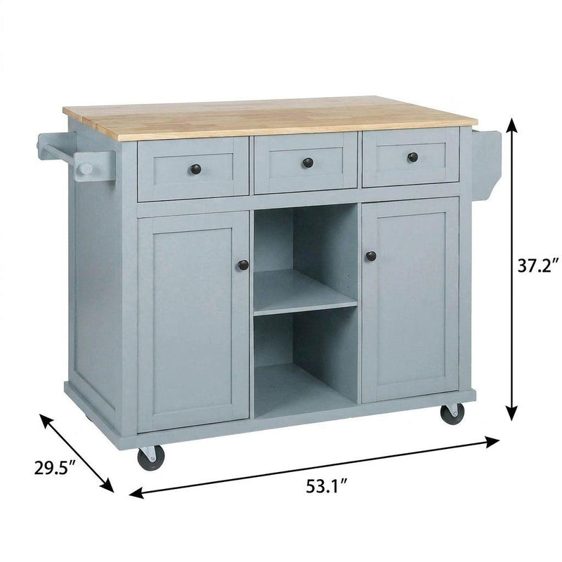Rolling kitchen cart with light wood top, blue cabinet doors, and drawers on wheels