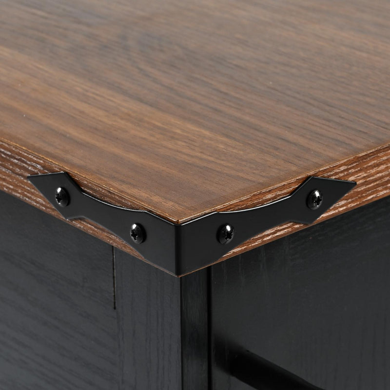 Corner of dark wood rolling kitchen cart with black metal bracket and bolts