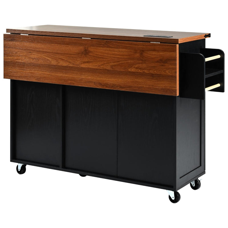 Rolling kitchen cart with dark cabinet base, open side shelf, and wood top