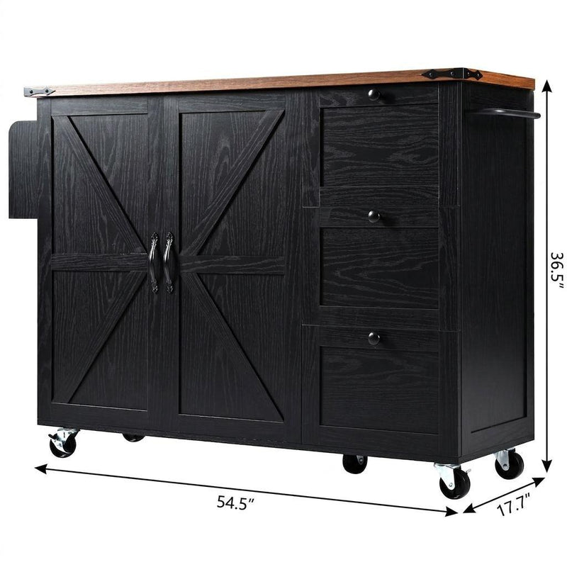Rolling kitchen cart with 54.5 in width, 36.5 in height, and caster wheels