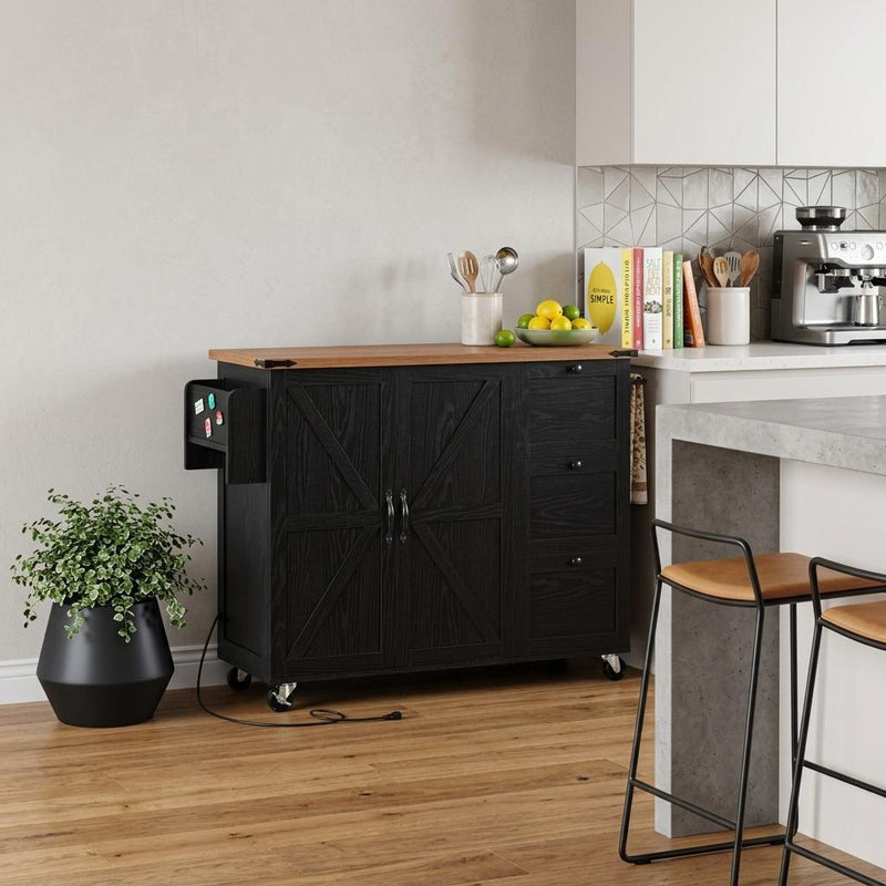 Rolling kitchen cart with dark wood doors, drawer pulls, and visible power cord