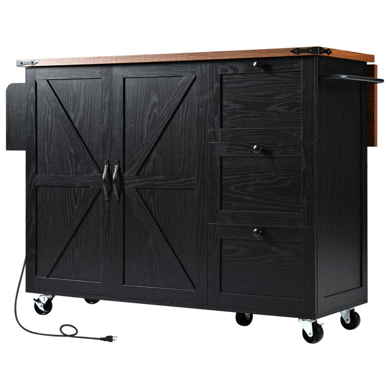 Rolling kitchen cart with dark wood panel doors, three drawers, and metal pull