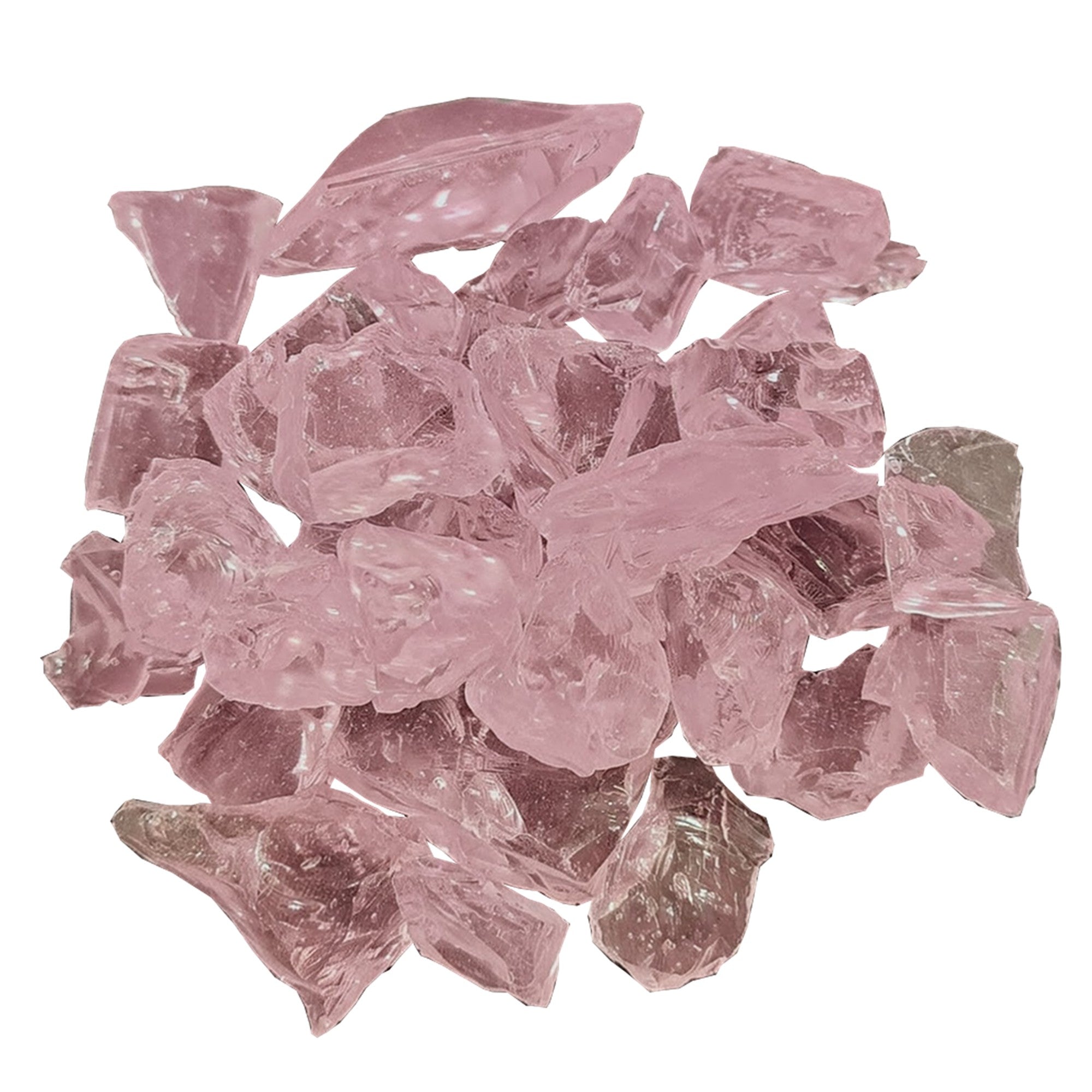 Pink reflective fire pit glass chunks, crushed rock-style pieces with glossy sparkle