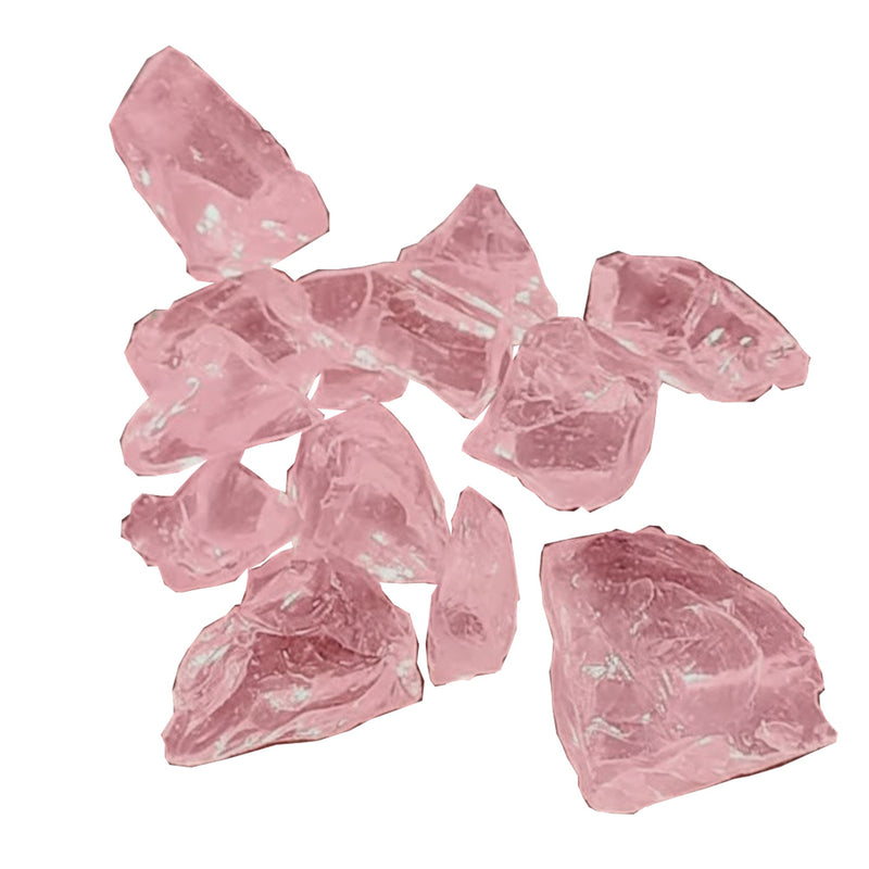 Pink reflective fire pit glass, assorted crushed chunks for fire bowl or insert