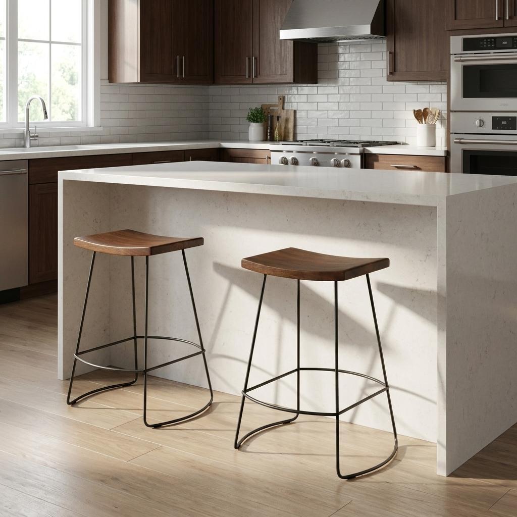 Set of Two 25" Chestnut And Black Solid Wood And Steel Backless Counter Height Bar Chairs - Living Room