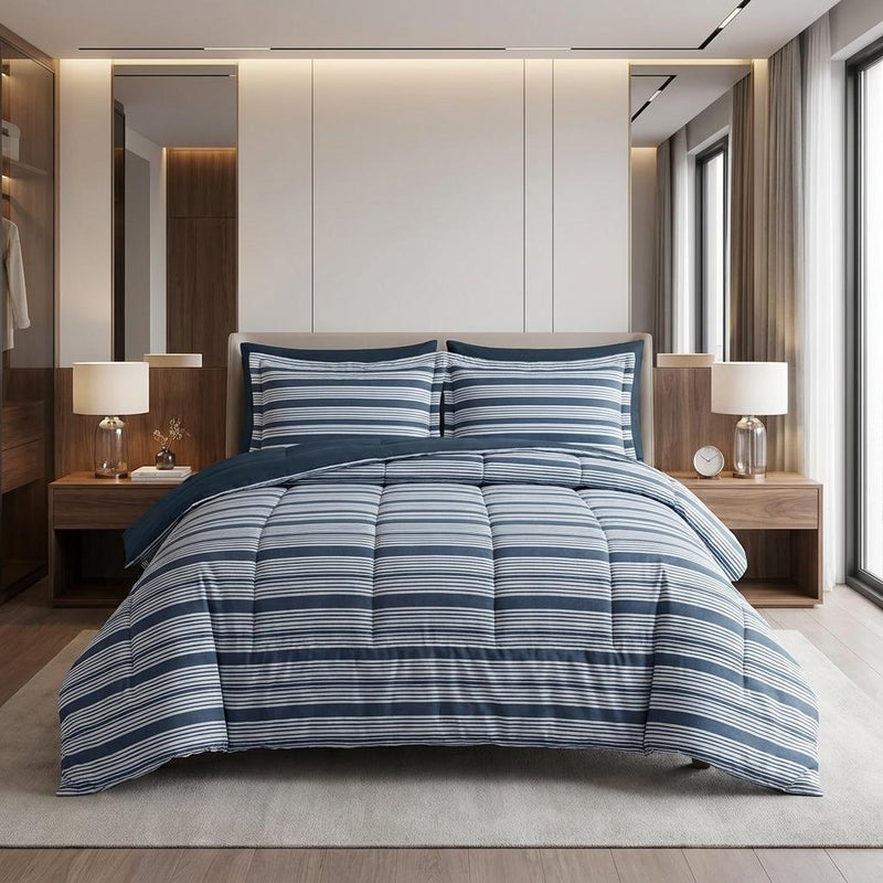 Navy striped king duvet cover set with two pillow shams on a bed