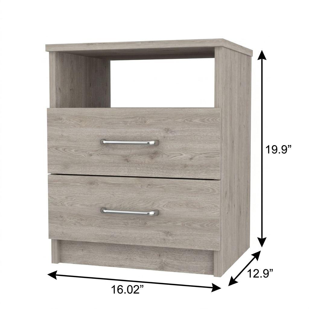 Light gray wood nightstand with two drawers; includes depth and size arrows