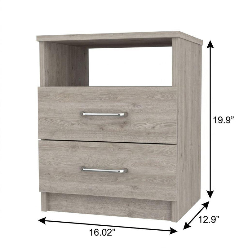 Light gray wood nightstand with two drawers; includes depth and size arrows