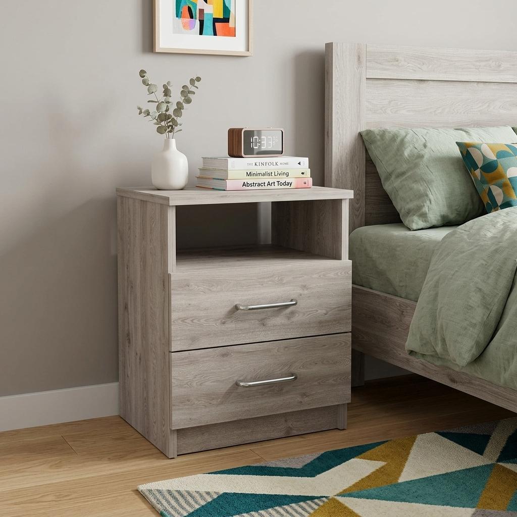Light gray wood nightstand with two drawers and open shelf beside a bed