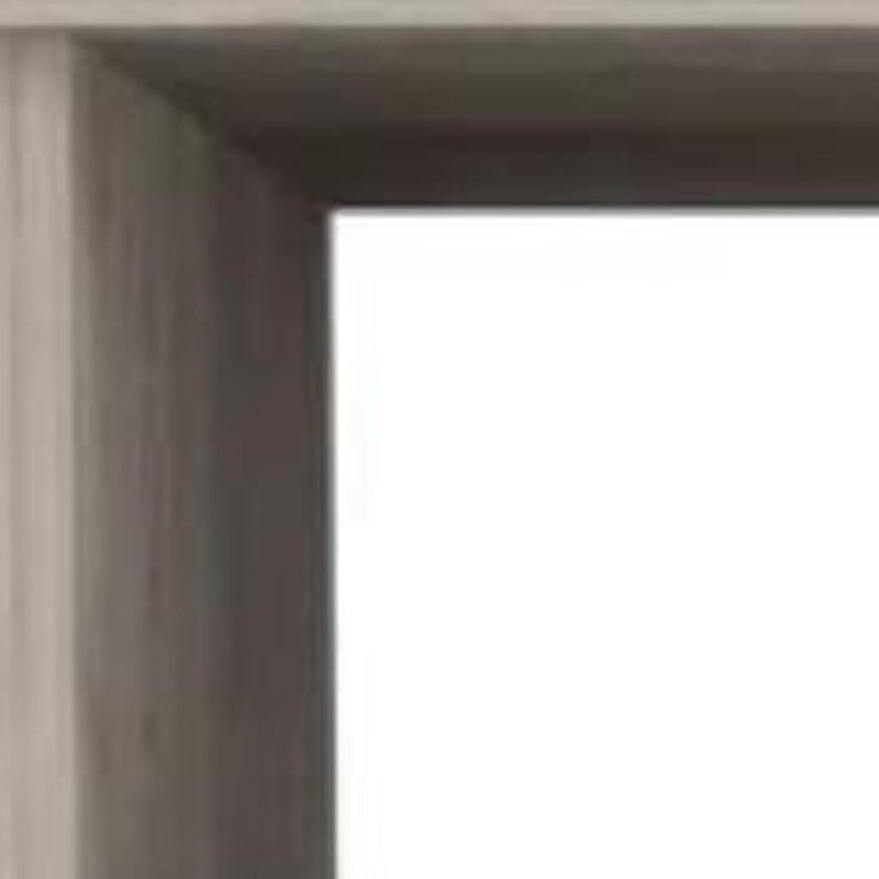 Light gray wood nightstand corner and open shelf opening
