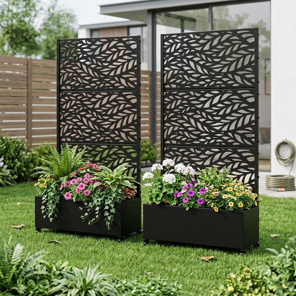 Black rectangular planter box with botanical cutout panel, two-tier set