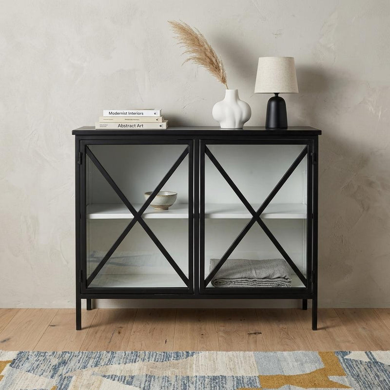 41" Black Iron Sideboard with Two Glass Doors - Kitchen & Dining
