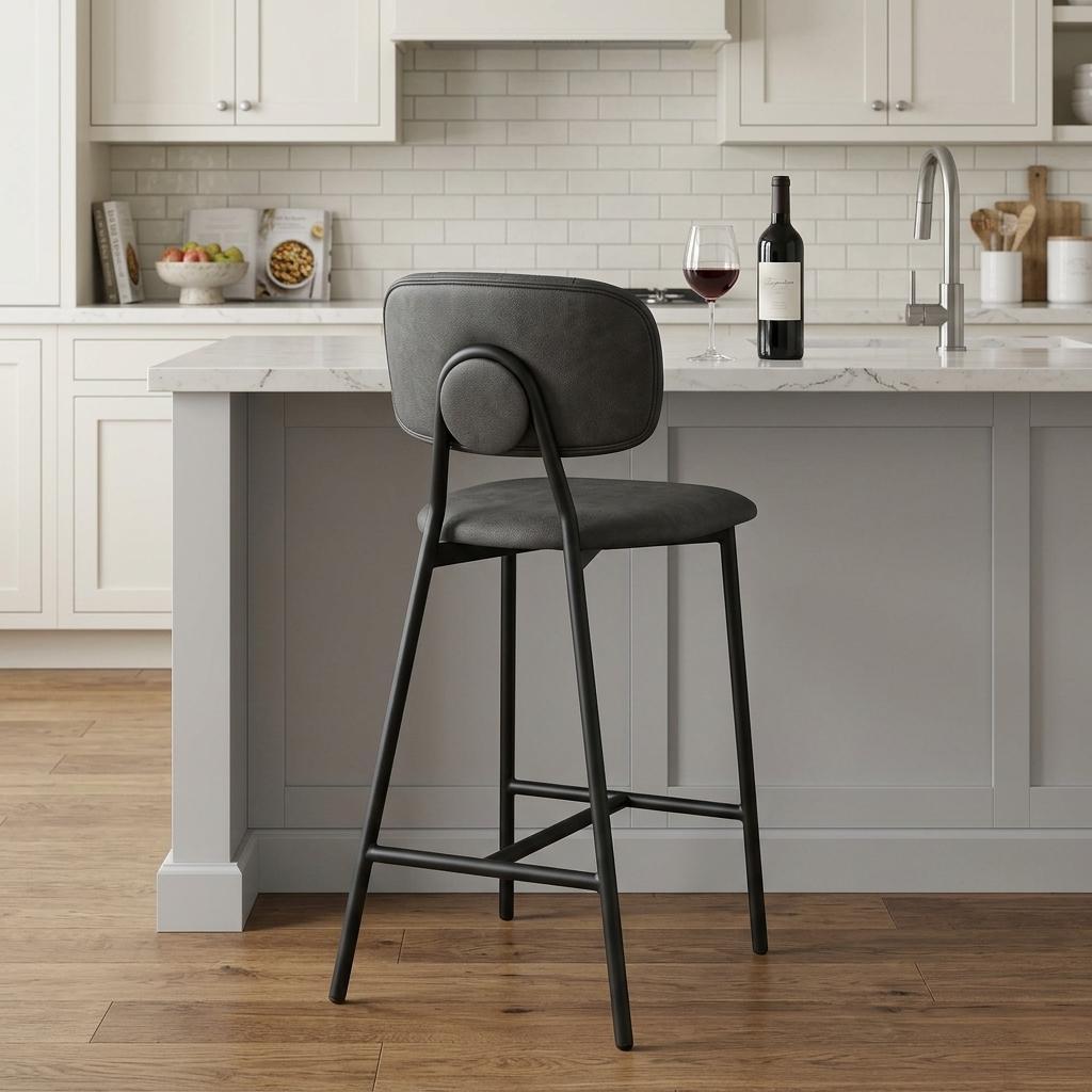 26" Gray And Black Faux Leather And Iron Low Back Counter Height Bar Chair - Living Room