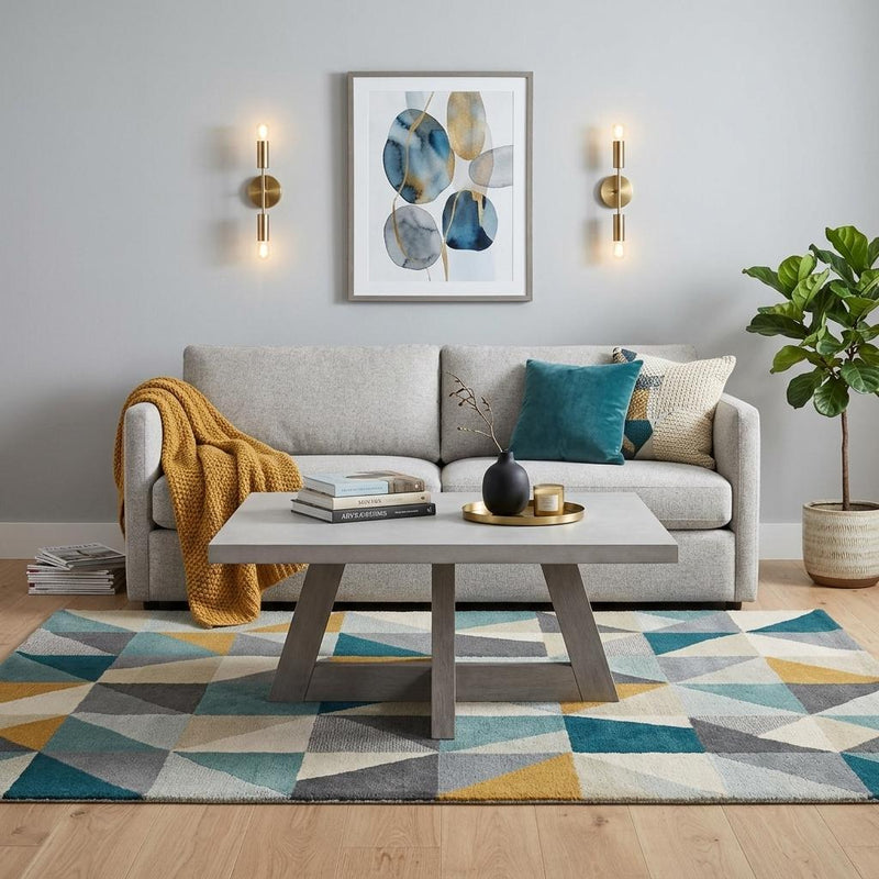 Gray concrete coffee table with solid wood trestle base, wide rectangular top