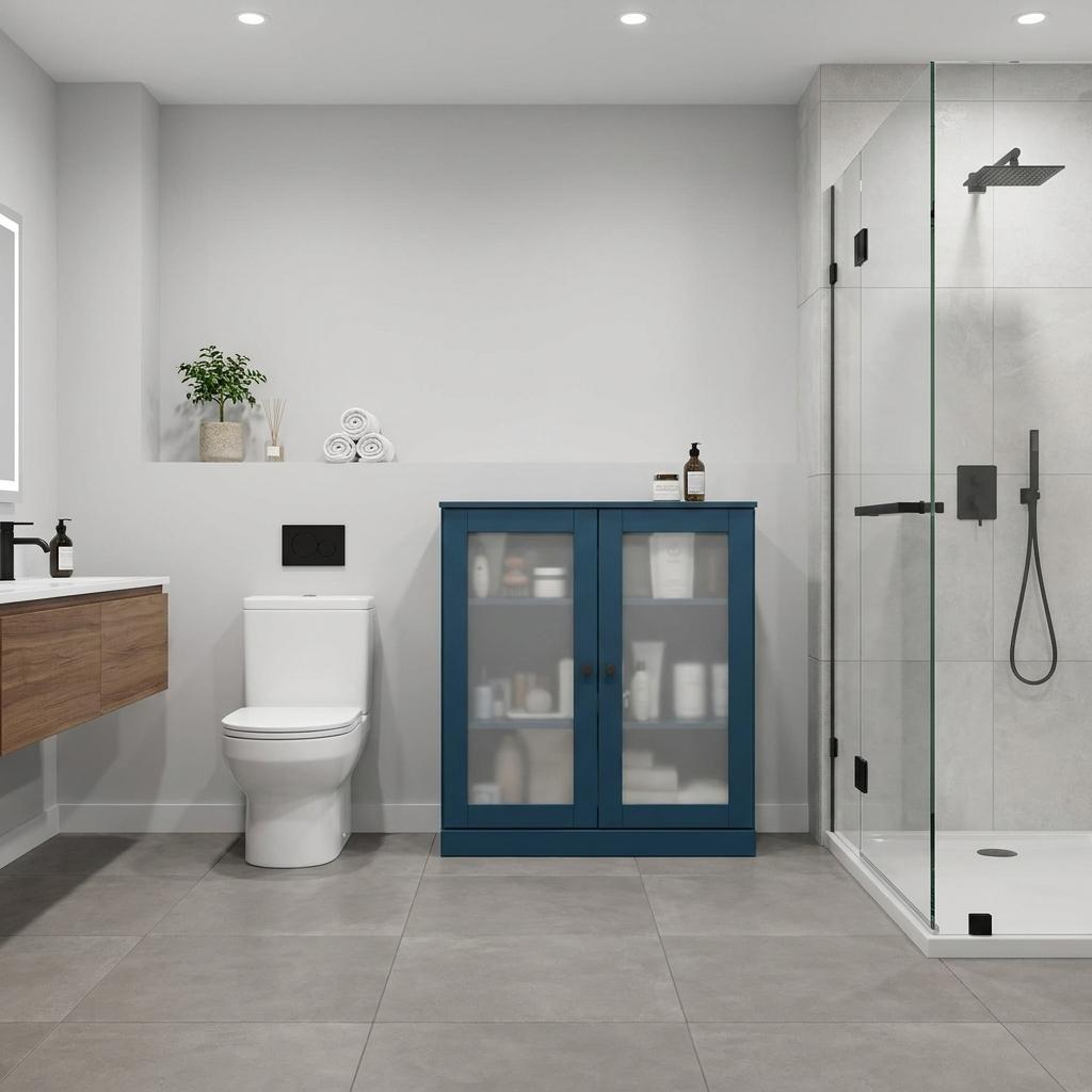 Teal blue double-door glass cabinet in a modern bathroom with matte finish
