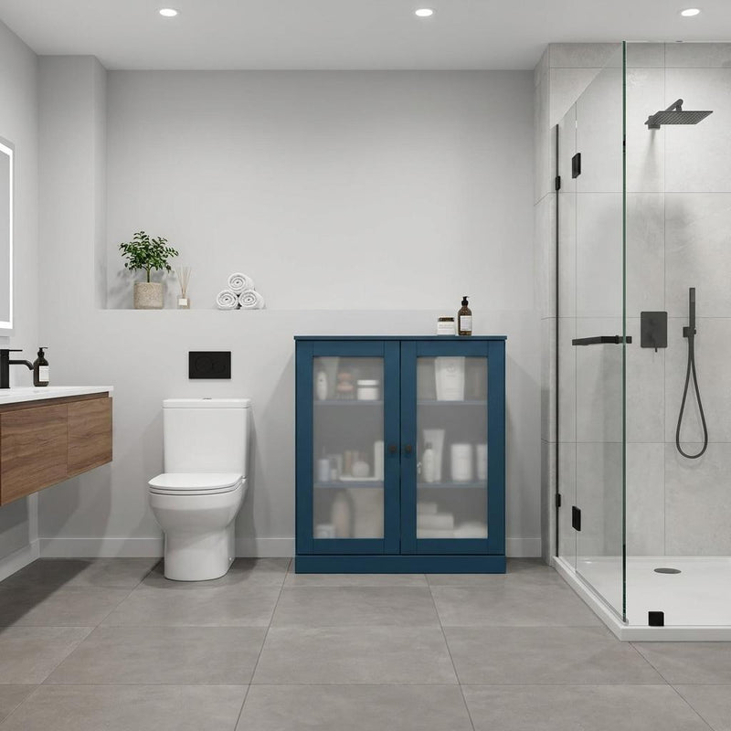 Teal blue double-door glass cabinet in a modern bathroom with matte finish