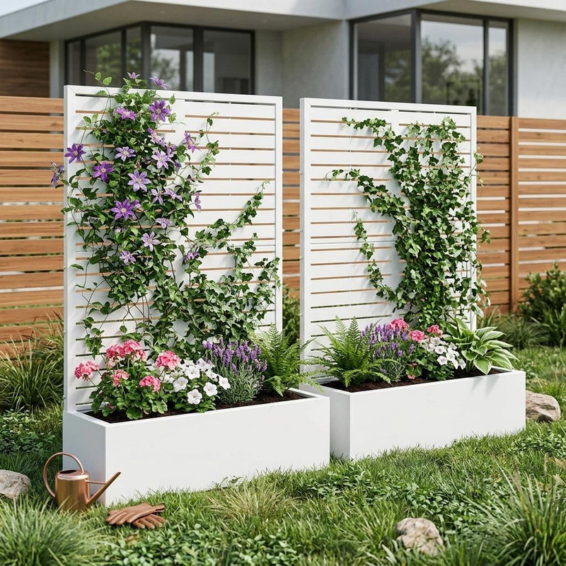 Set of two white striped galvanized metal rectangular planter boxes with flower plants