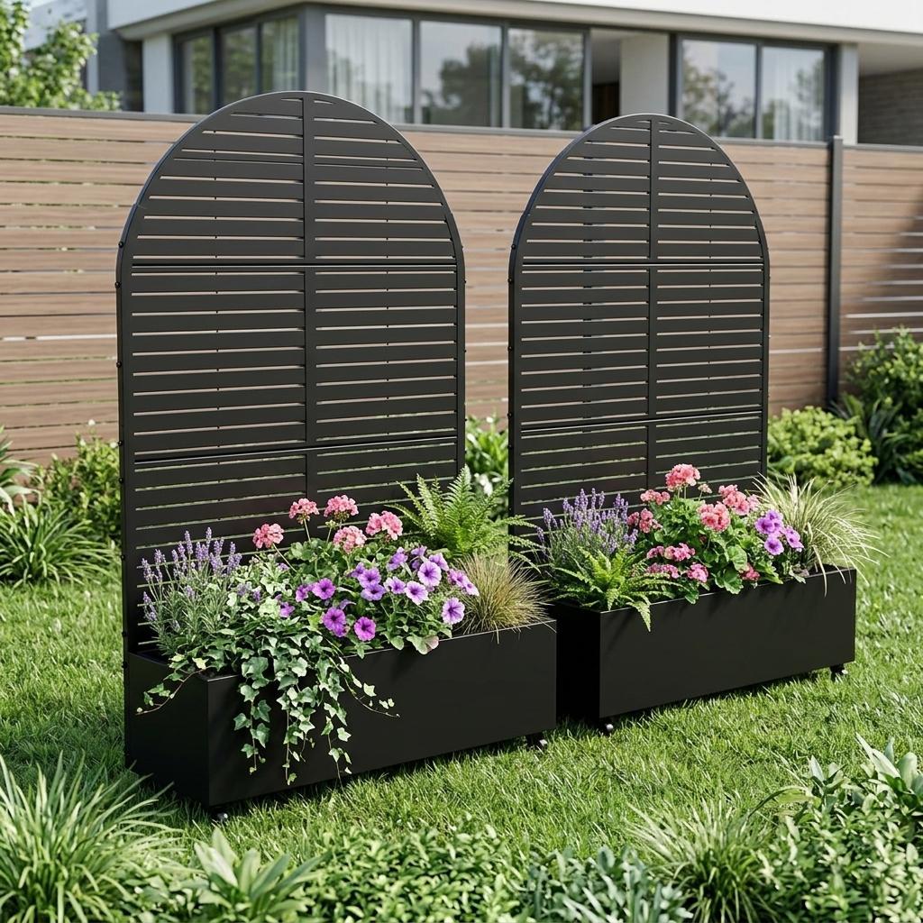 Set of two black oval metal planter boxes with horizontal slats, filled with flowers