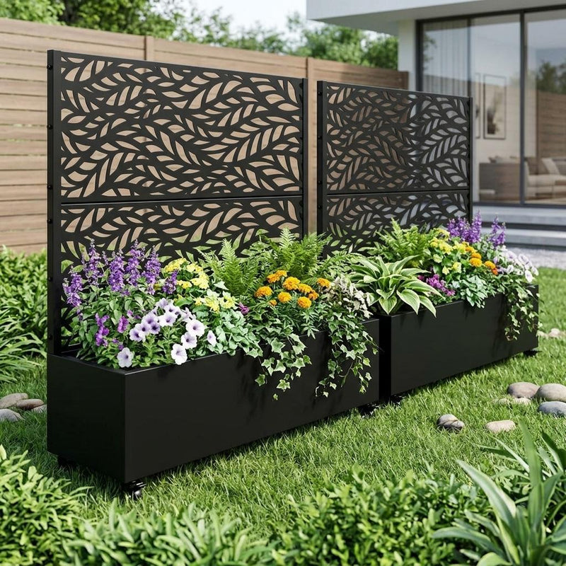 Black rectangular planter box with botanical metal screen, filled with colorful flowers