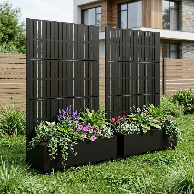 Two black galvanized metal rectangular planters with vertical slats, filled with flowers