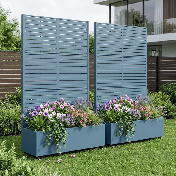 Set of two blue slatted metal rectangular planters, flower-filled open tops on legs