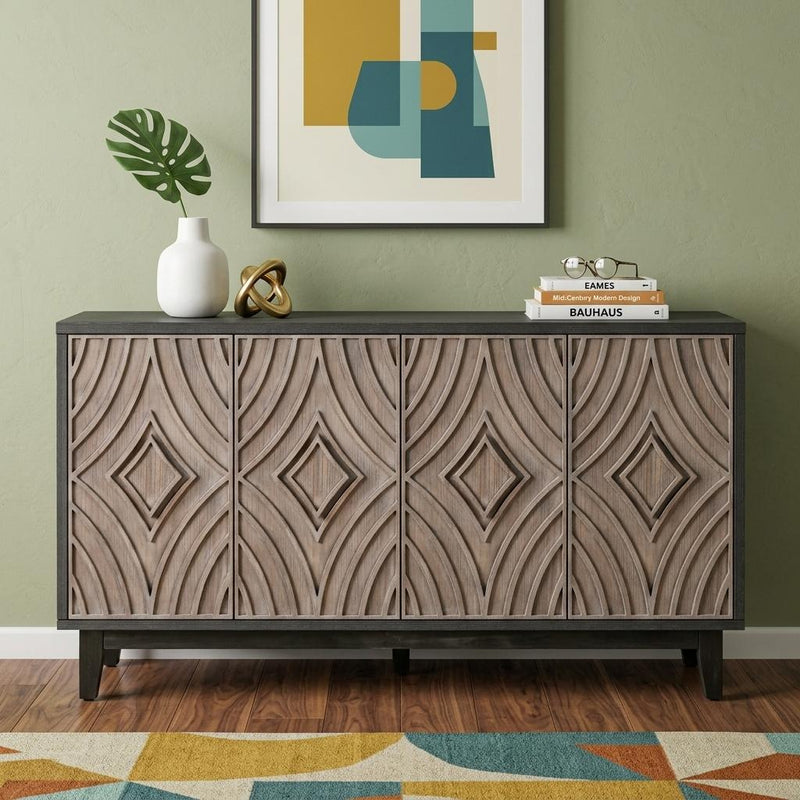 60" Charcoal and Brown Distressed Wood Sideboard with Four Doors - Kitchen & Dining