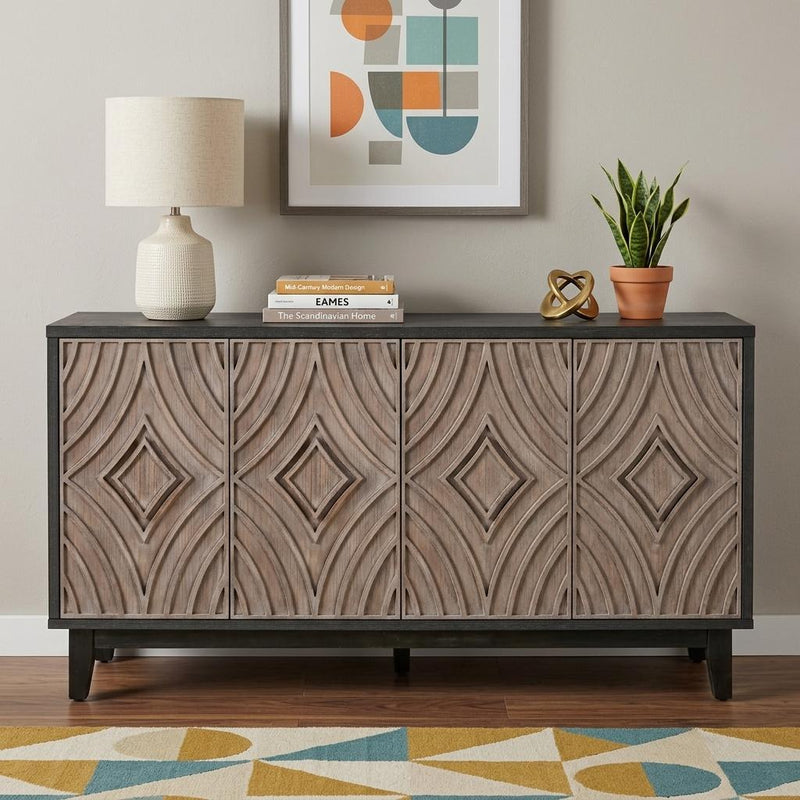 60" Charcoal and Brown Distressed Wood Sideboard with Four Doors - Kitchen & Dining