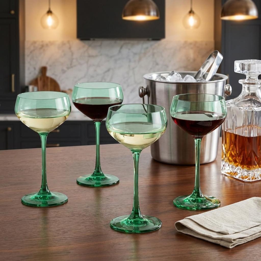 Set of Four Green Crystal Shallow Bowl Stemmed Coupe - Kitchen & Dining
