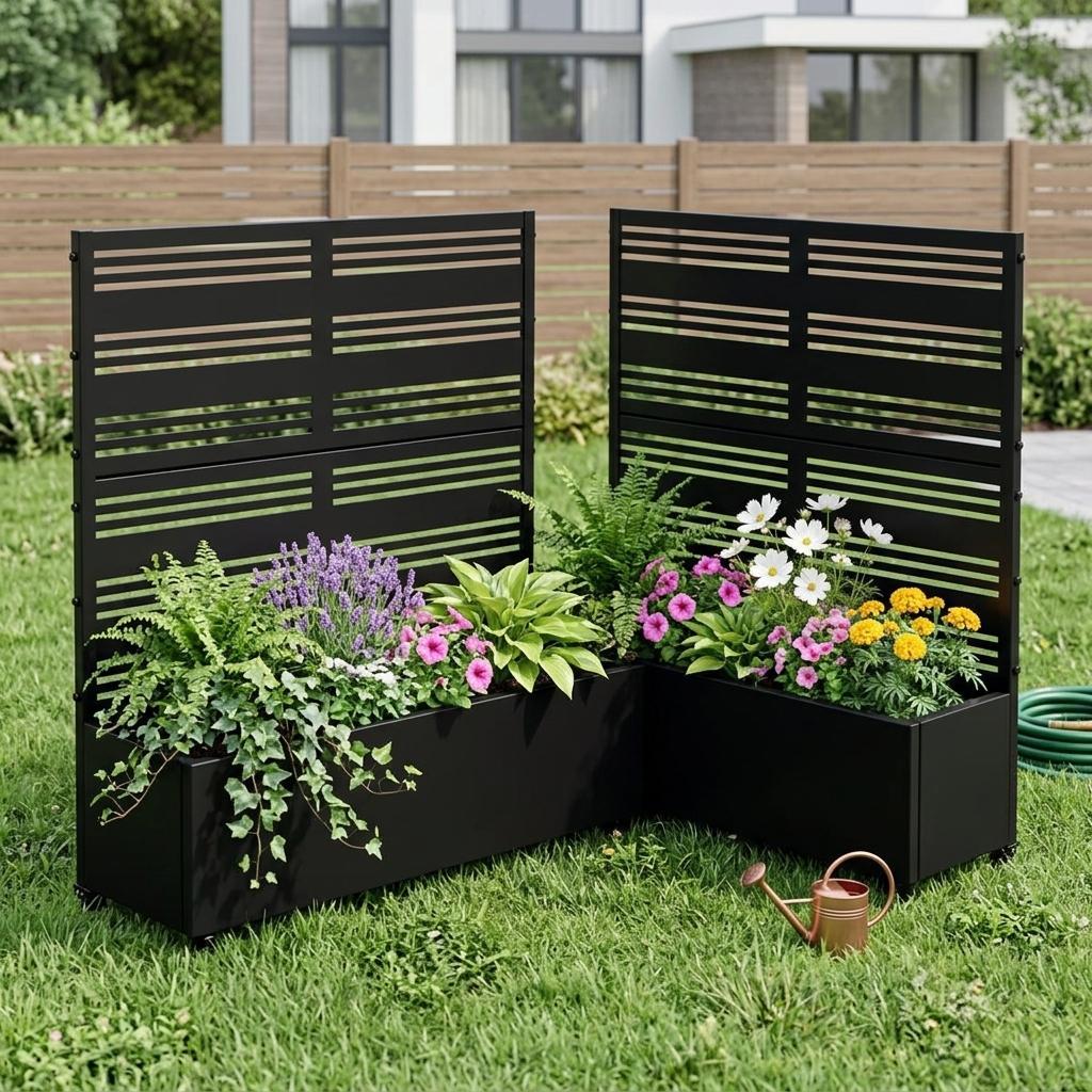 Two black striped metal planter box set with flowers and greenery, slatted front panels