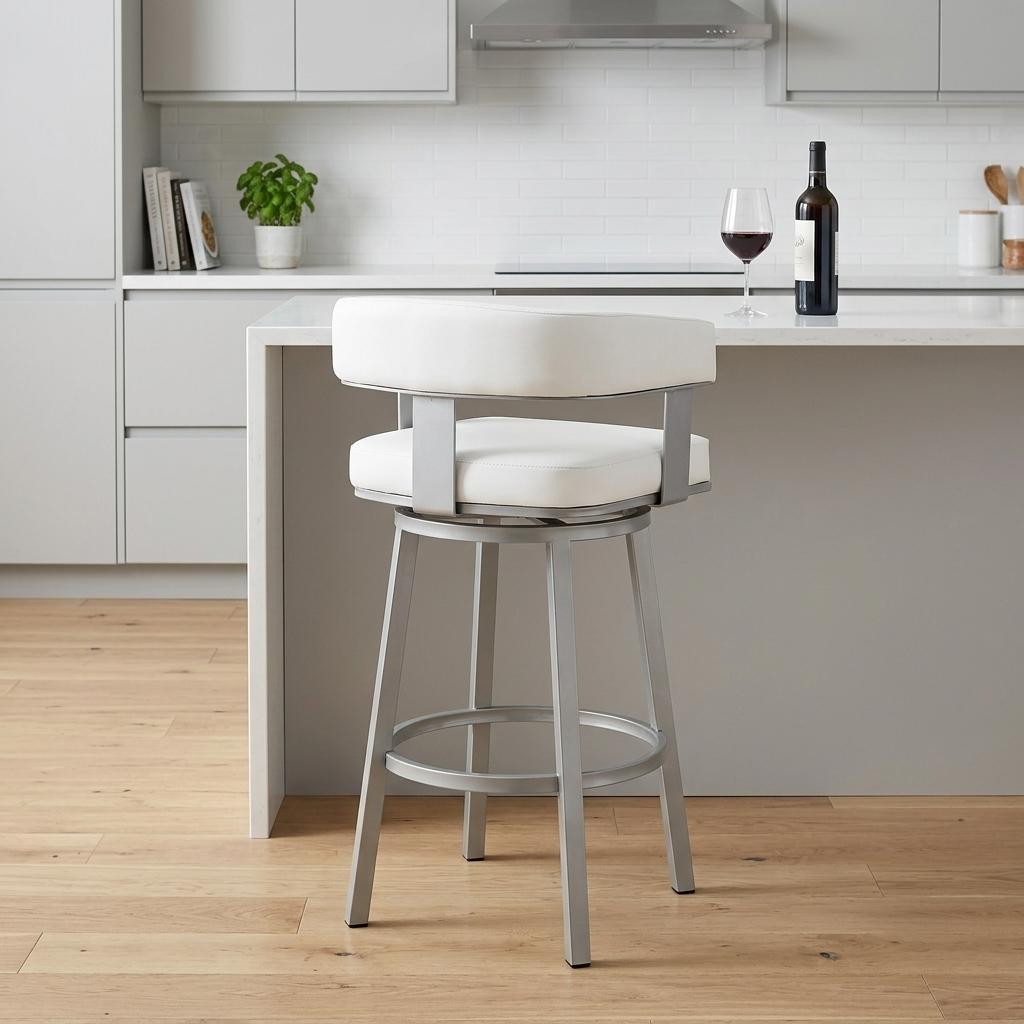 26" White And Gray Faux Leather And Fabric And Iron Low Back Counter Height Swivel Bar Chair - Living Room