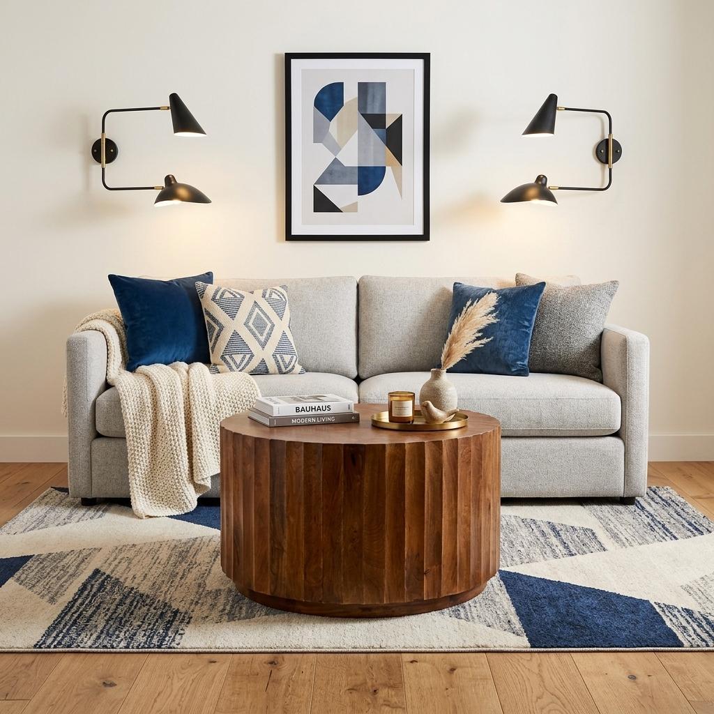 Chestnut round wood coffee table with smooth curved base and flat top