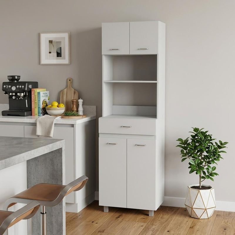 White wood kitchen cart with open shelves and cabinet doors