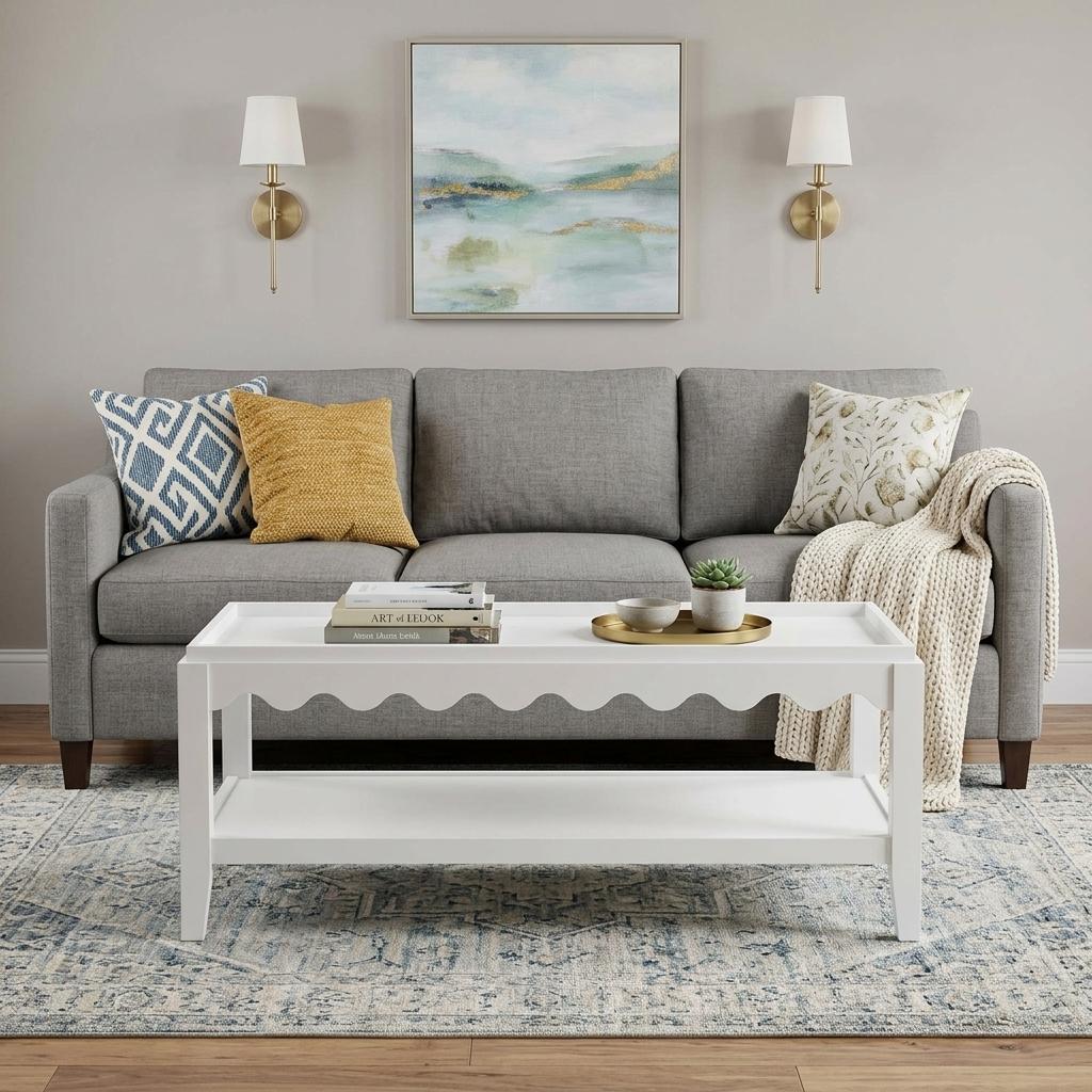 White solid wood coffee table with scalloped apron and two-tier shelf, front view