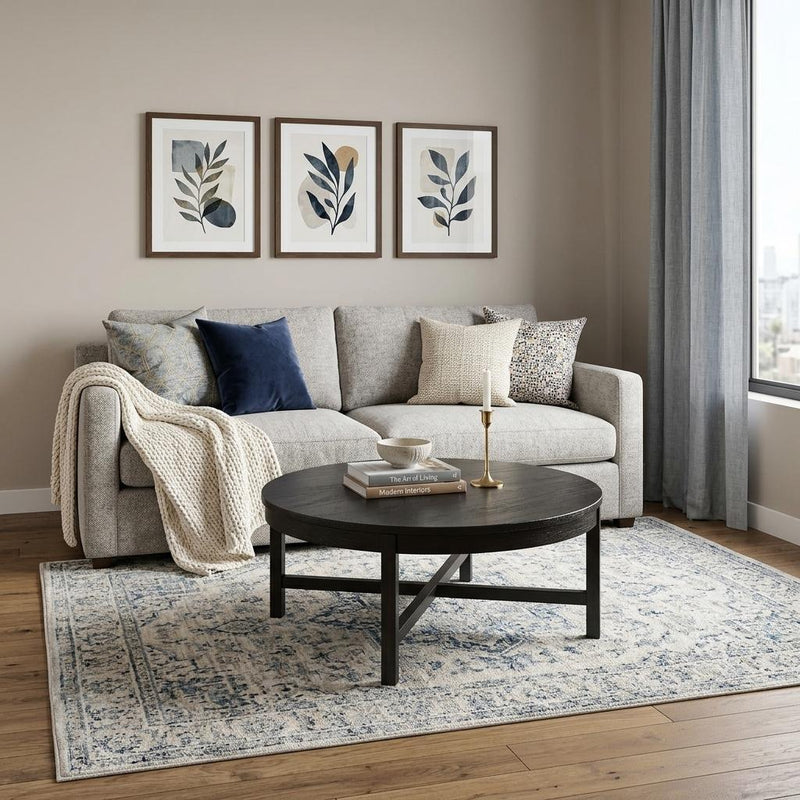 Round drum coffee table with black top and ribbed brass-toned sides on living room floor