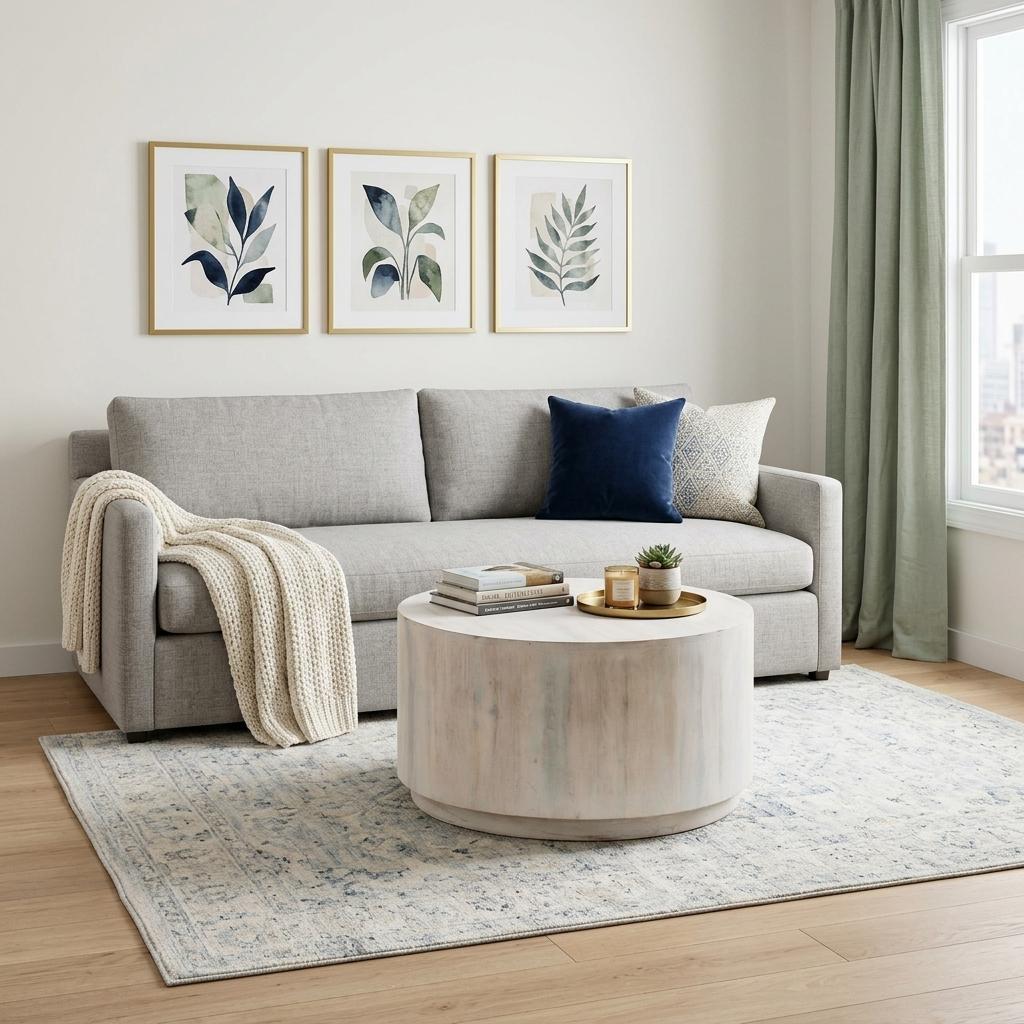 White round drum coffee table with distressed wood finish and smooth curved top