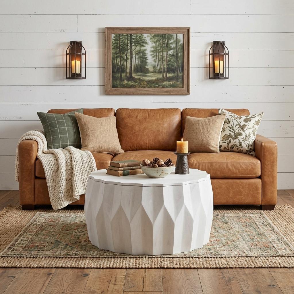 White distressed round drum coffee table with faceted sides and flat top
