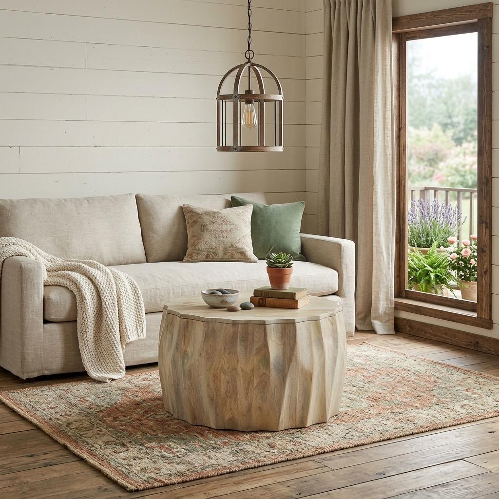Natural wood round drum coffee table with light grain finish and round top