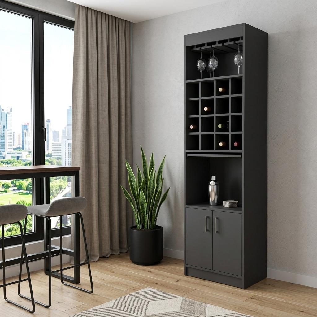 24" Black Bar Cabinet With Eighteen Shelves - Kitchen & Dining