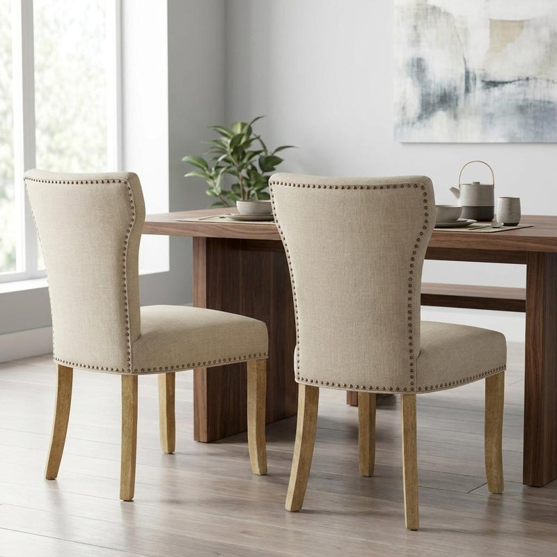 Set of Two Ivory and Natural Upholstered Fabric Dining Parsons Chairs - Kitchen & Dining