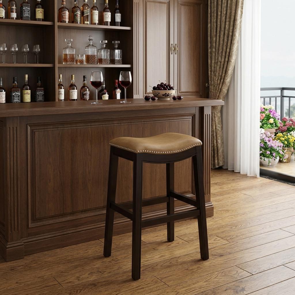 26" Tan And Espresso Solid Wood Backless Bar Height Bar Chair - Living Room
