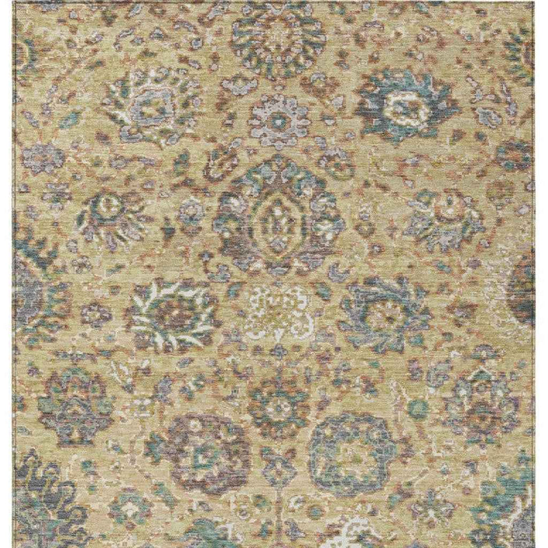 8' X 10' Gold Beige And Pale Aqua Floral Washable Indoor Outdoor Area Rug