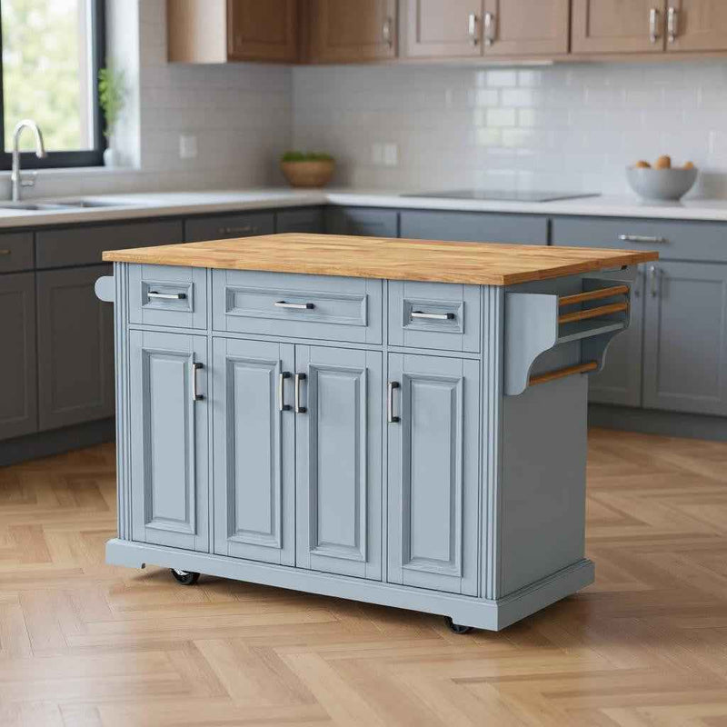 54" Light Blue Wood Rolling Kitchen Island With Storage