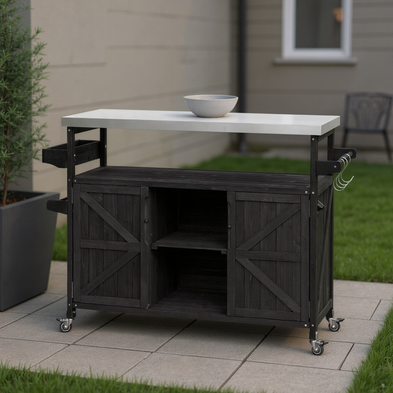 50" Black Wood Rolling Kitchen Island With Storage - GreatEagleInc