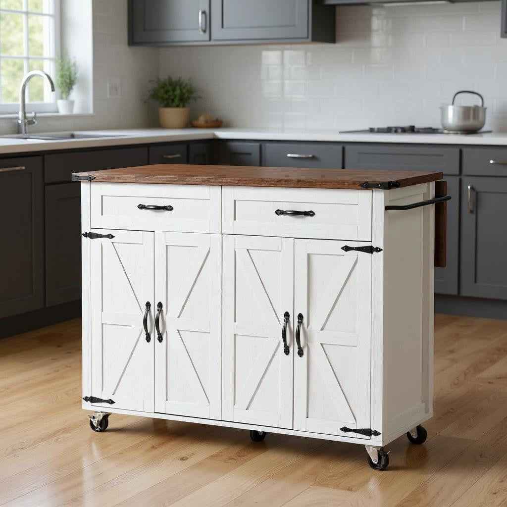 54" White Wood Rolling Kitchen Island