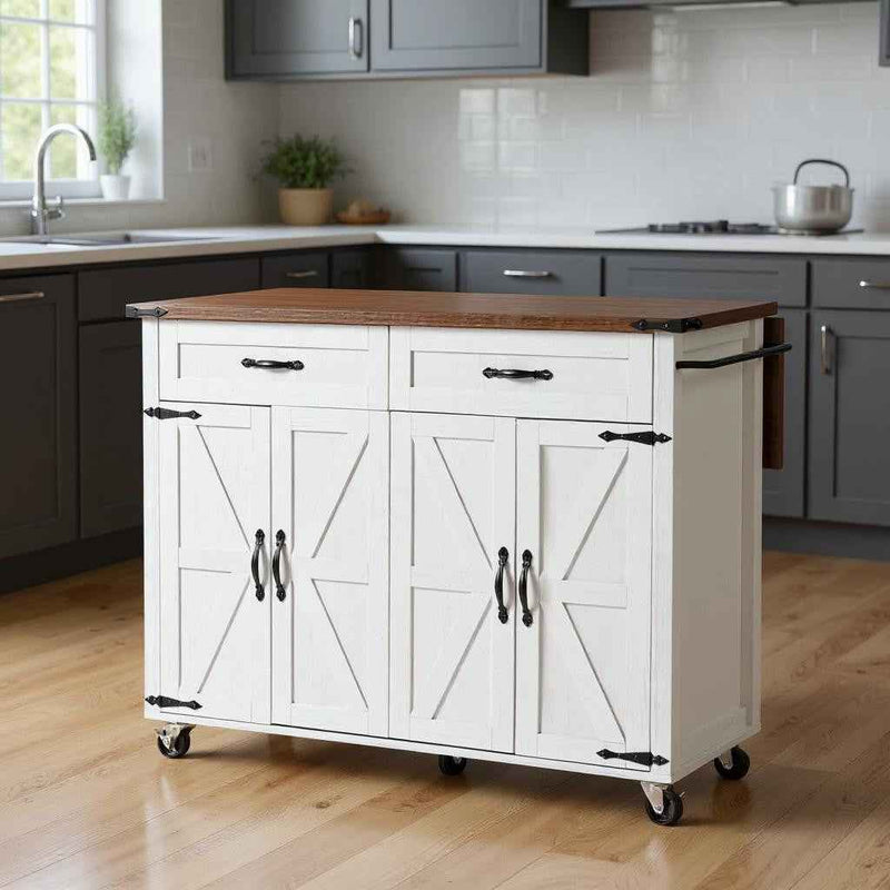54" White Wood Rolling Kitchen Island