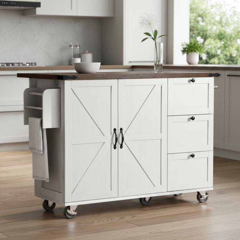 55" White Wood Rolling Kitchen Island - GreatEagleInc